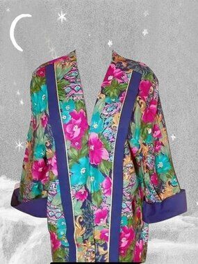 Kimono Style Jacket 80s Vintage Multicolor Floral & Metallic Gold LARGE